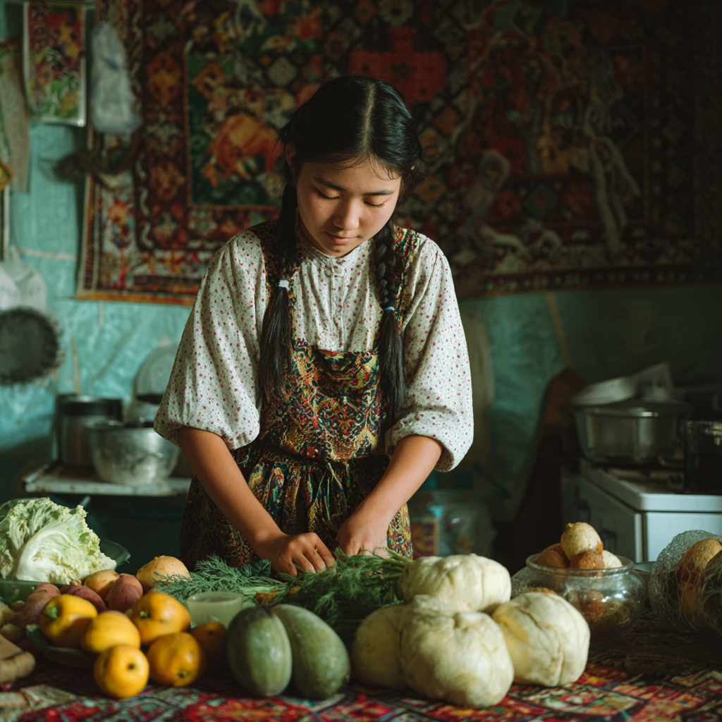 Счастливая казахская семья готовит здоровую еду на кухне, улыбаясь и наслаждаясь процессом