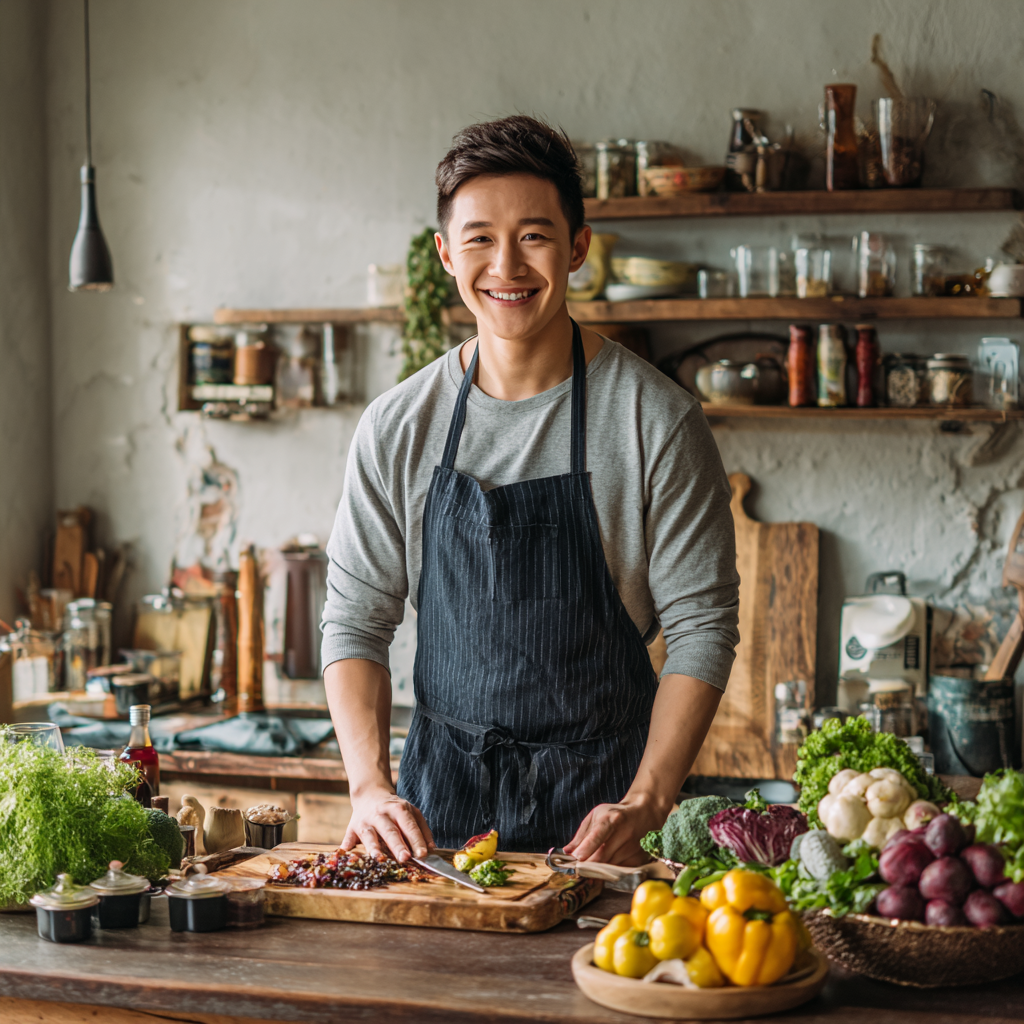 Счастливый мужчина казахской национальности средних лет держит здоровую еду и улыбается, демонстрируя результаты правильного питания